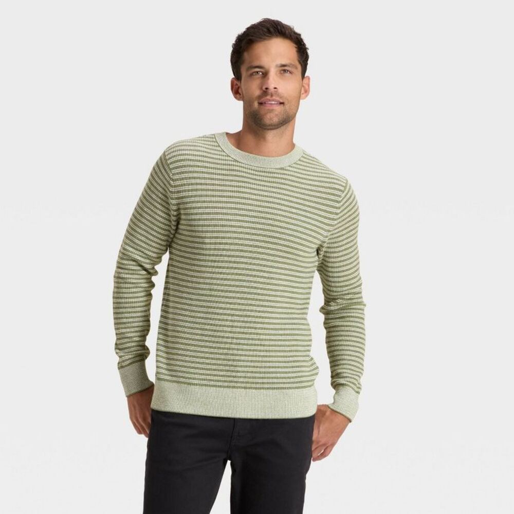 Men's Textured Striped Crewneck Sweater - Goodfellow & Co Green M
